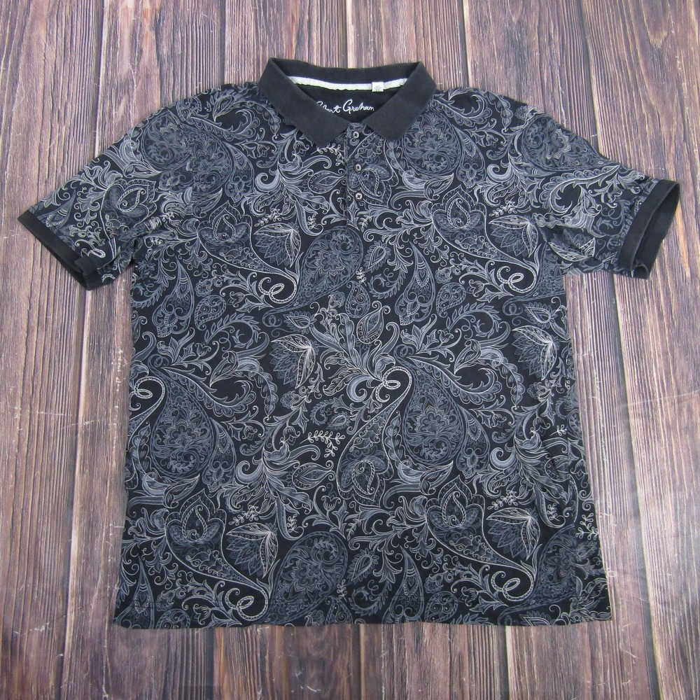Robert Graham Polo Shirt Mens XL Black Paisley Classic Fit Short Sleeve Casual